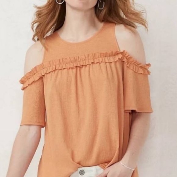 LC Lauren Conrad Ruffle Cold Shoulder Top - Peach Print - Picture 2 of 8